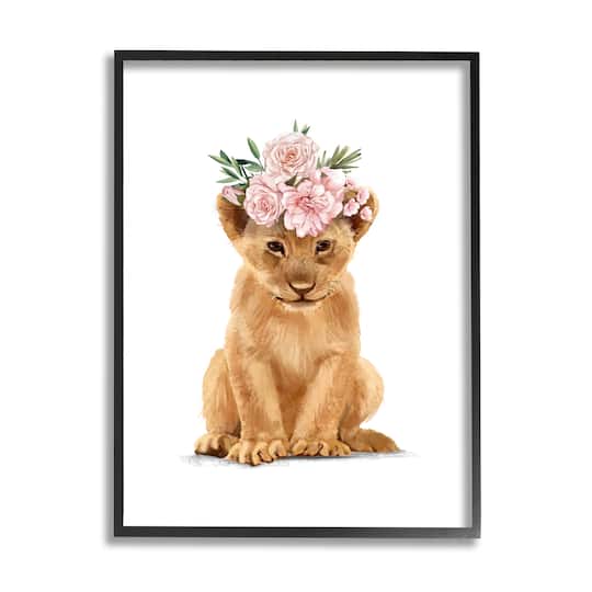 Stupell Industries Boho Rose Floral Crown Lion Cub Wall Art in Black Frame